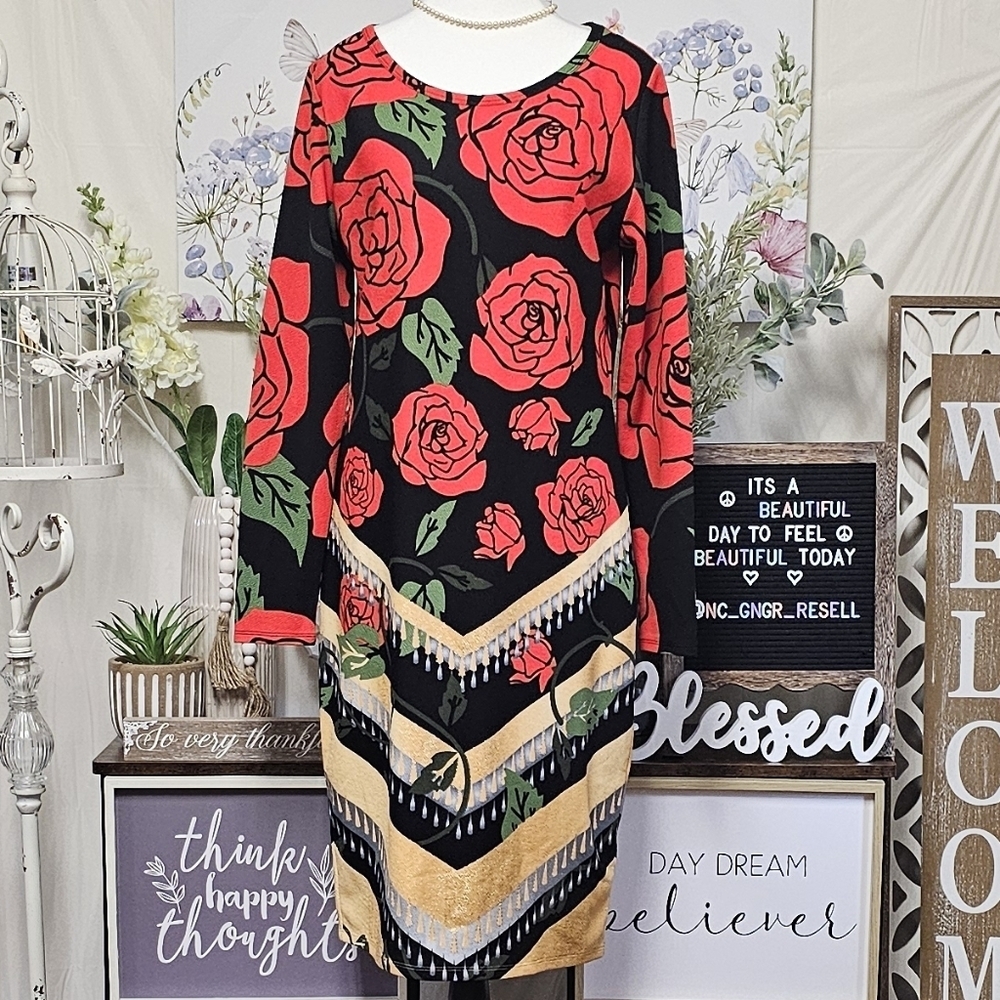 LuLuRoe Womens Size Large Long Sleeve Debbie Style Dress With Rose Pattern - Picture 3 of 15